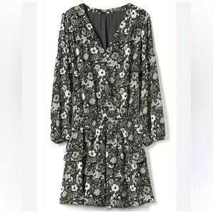 Gap Black White Floral Smocked Drop Waist Flounce Long Sleeve Midi Dress